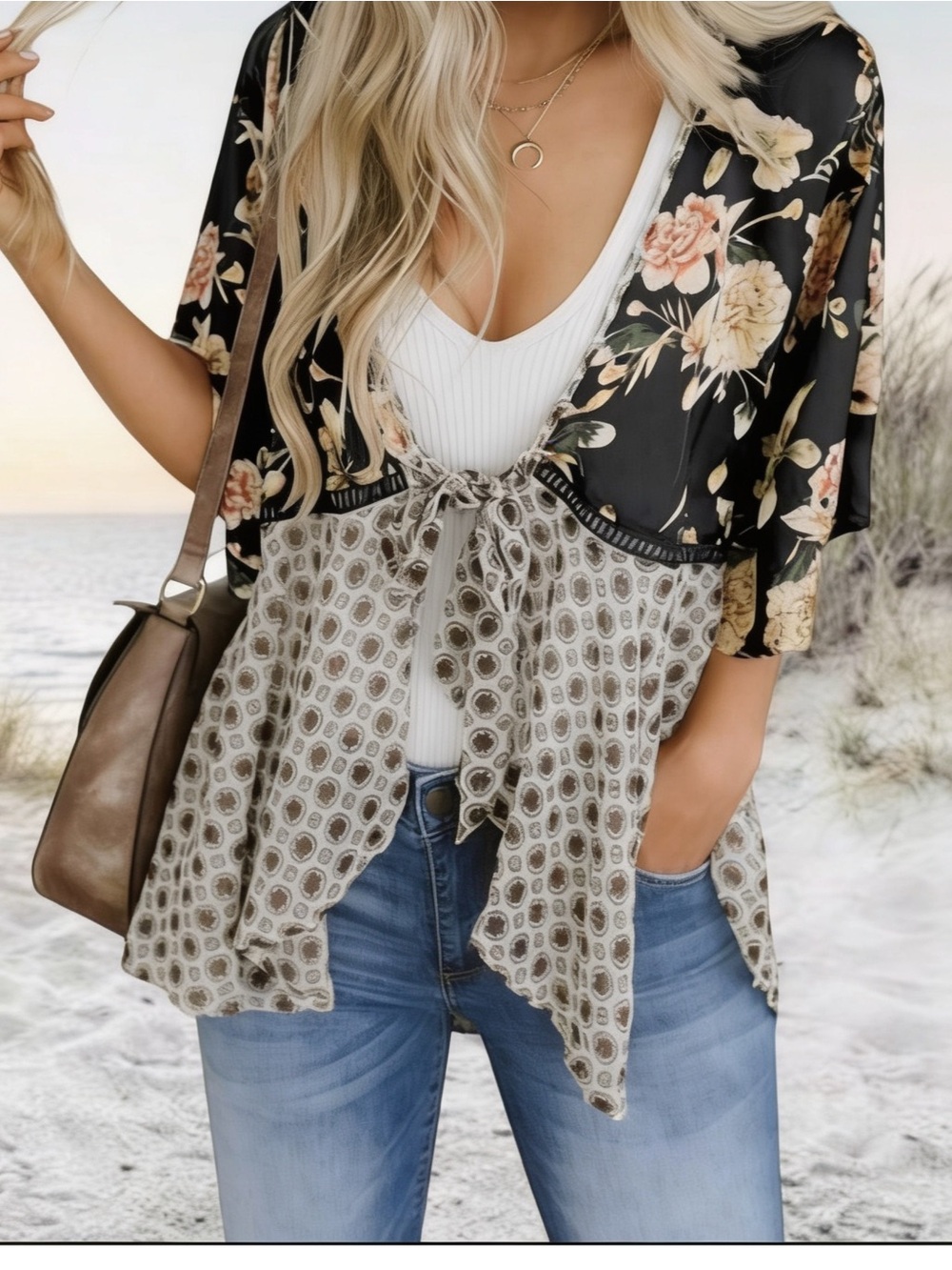 Floral contrast tie-front blouse for layering, black, cream + olive, like new!